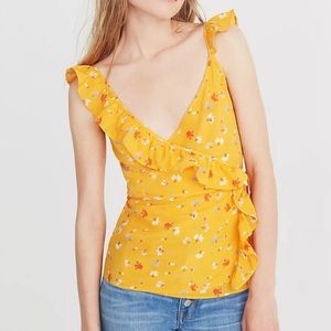 Madewell orange floral ruffle wrap tie sleeveless silk top